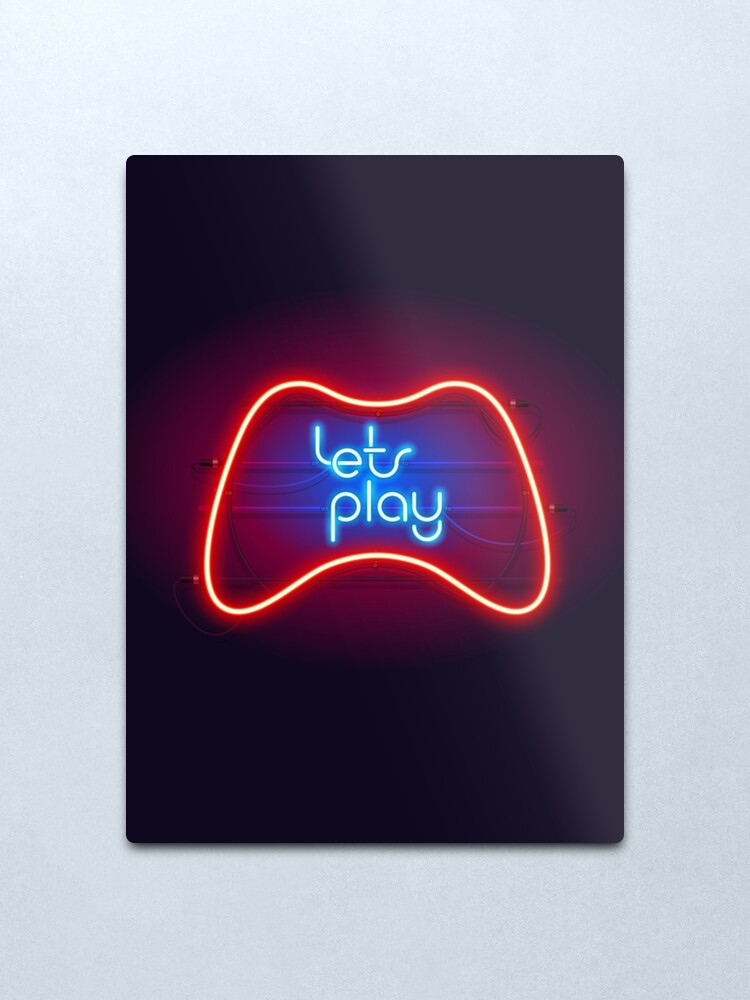 Alternate view of Colorful Neon Let's Play Sign with Game Controller Metal Print
