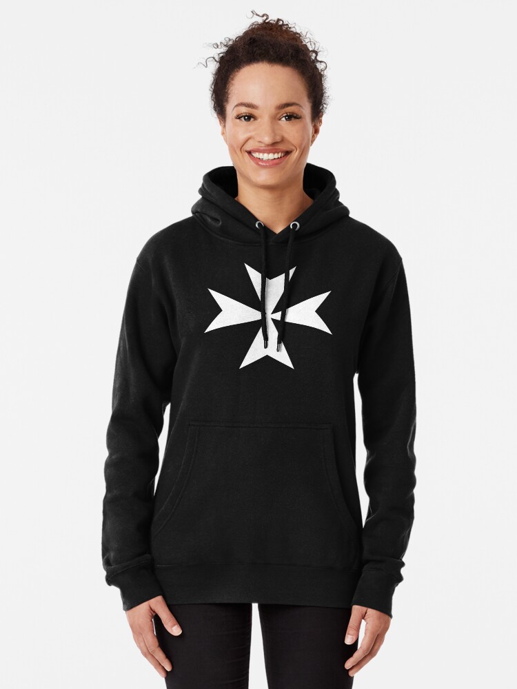 Alternate view of CROSS. MALTA. Maltese, Amalfi Cross, Maltese cross, Knights Hospitaller, WHITE on BLACK. Pullover Hoodie