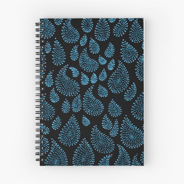 Artikelvorschau, psychedelische schwarze und blaue Punkt-Popkunst wirbelndes trippy Sechziger-Regentropfenpaisley-Muster entworfen und verkauft von Karen-Anne Geddes.