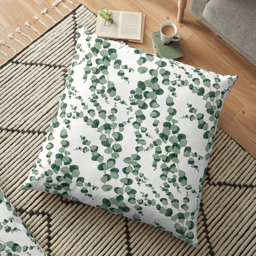 Eucalyptus leaves in white Floor Pillow