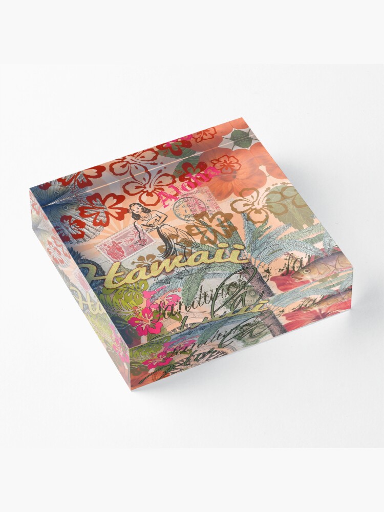Alternate view of Vintage Hawaii Travel Colorful Hawaiian Tropical Collage Acrylic Block