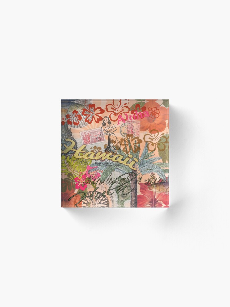 Alternate view of Vintage Hawaii Travel Colorful Hawaiian Tropical Collage Acrylic Block