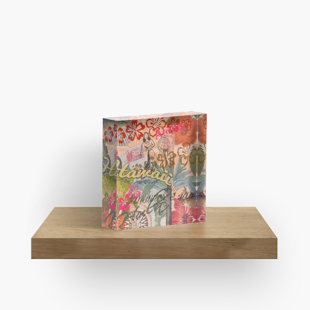 Vintage Hawaii Travel Colorful Hawaiian Tropical Collage Acrylic Block