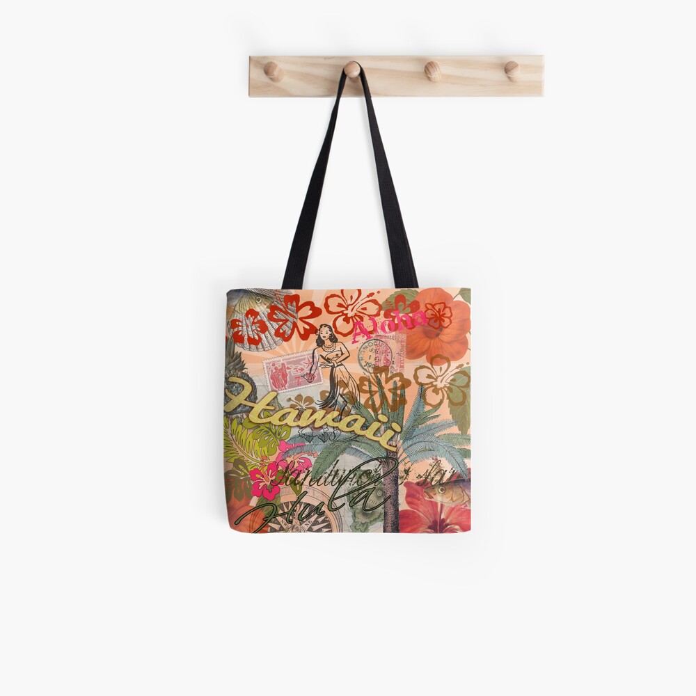 "Vintage Hawaii Travel Colorful Hawaiian Tropical Collage" Tote Bag by