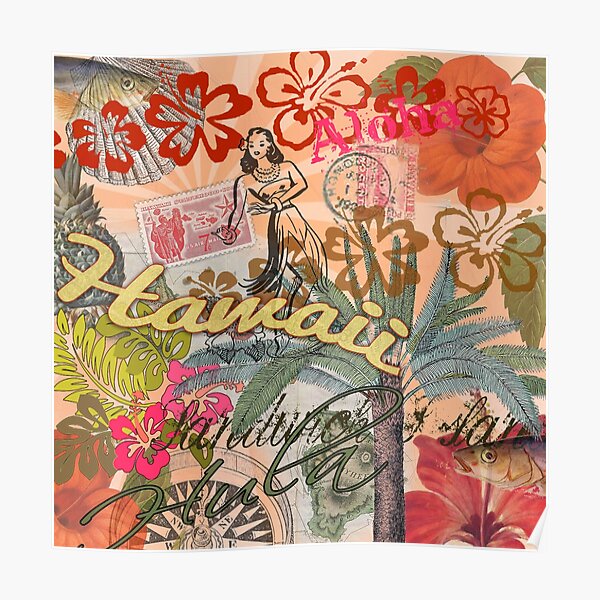 Vintage Hawaii Travel Colorful Hawaiian Tropical Collage Poster