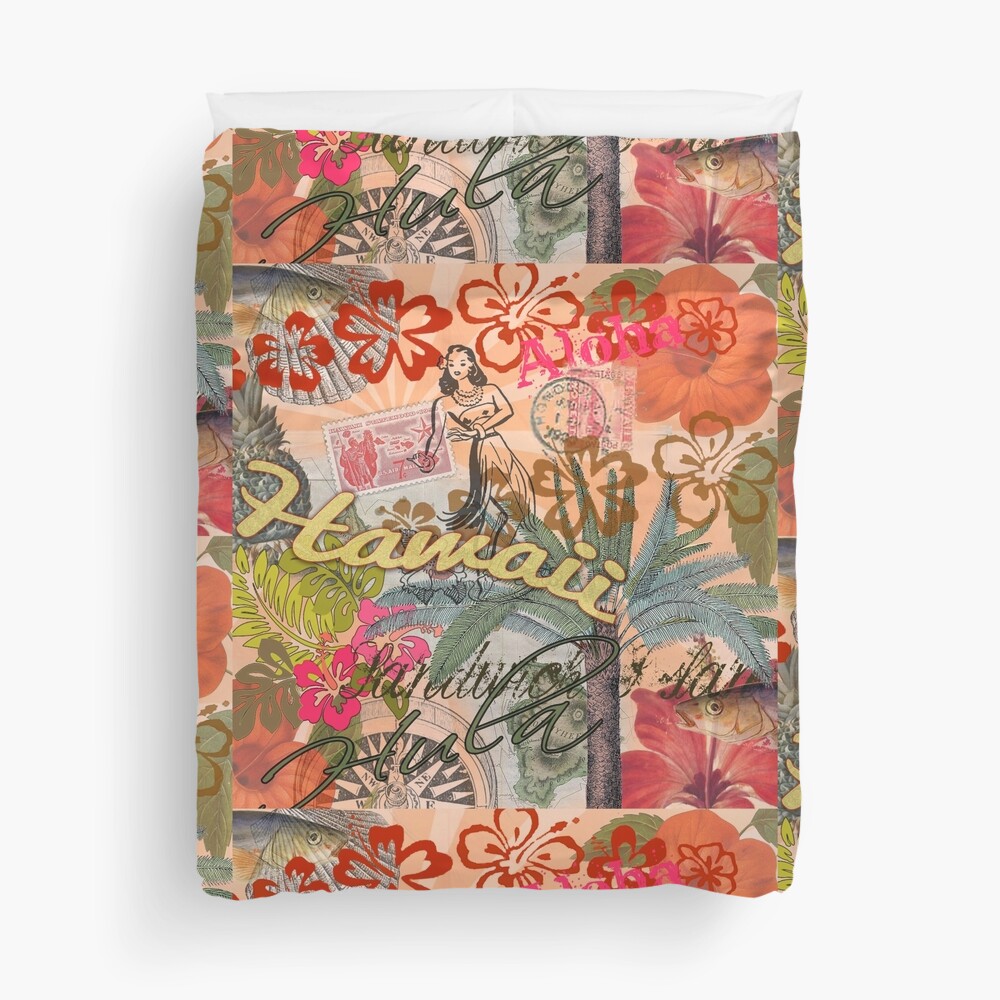 Vintage Hawaii Travel Colorful Hawaiian Tropical Collage Duvet Cover