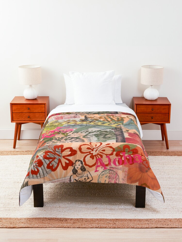 Alternate view of Vintage Hawaii Travel Colorful Hawaiian Tropical Collage Comforter