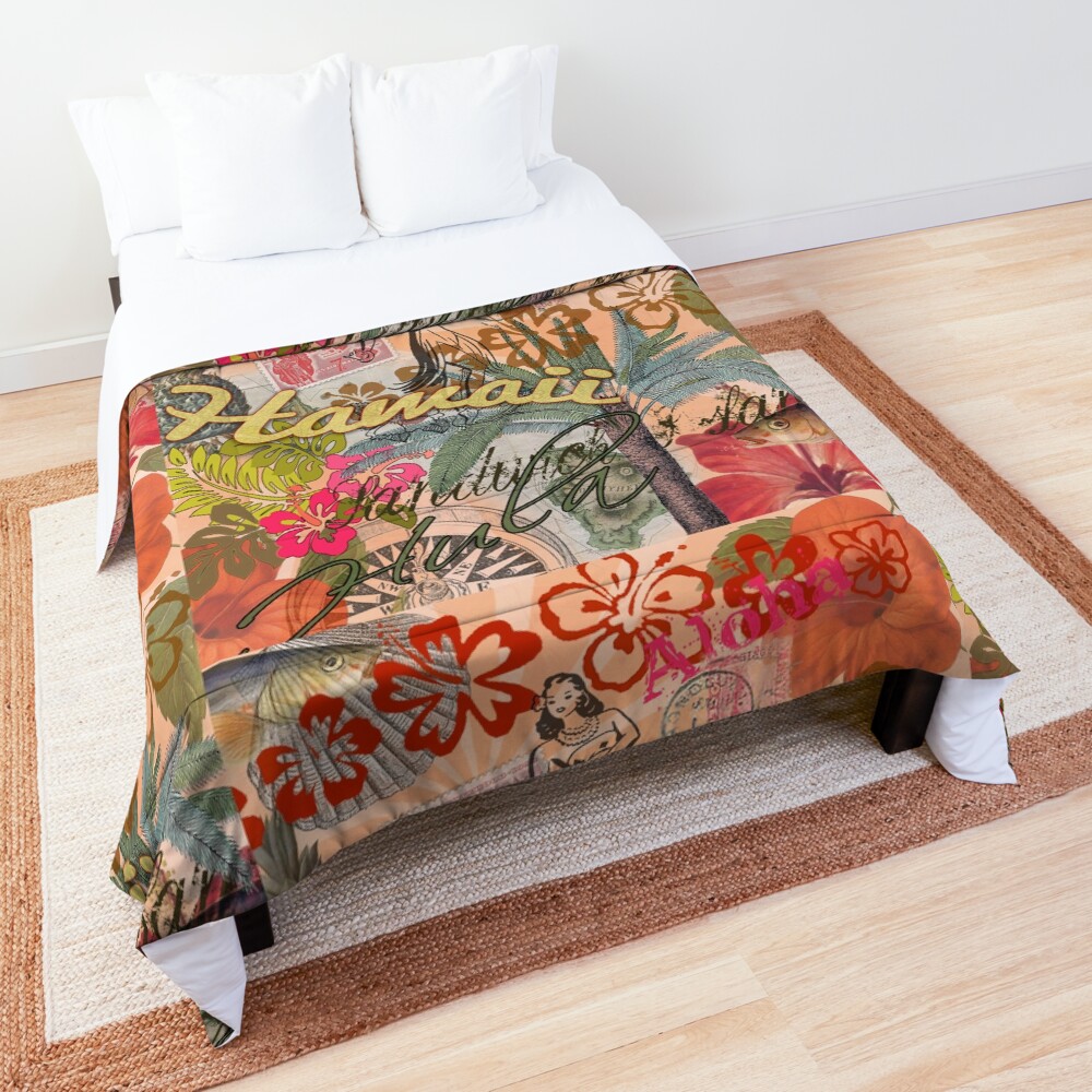 Vintage Hawaii Travel Colorful Hawaiian Tropical Collage Comforter