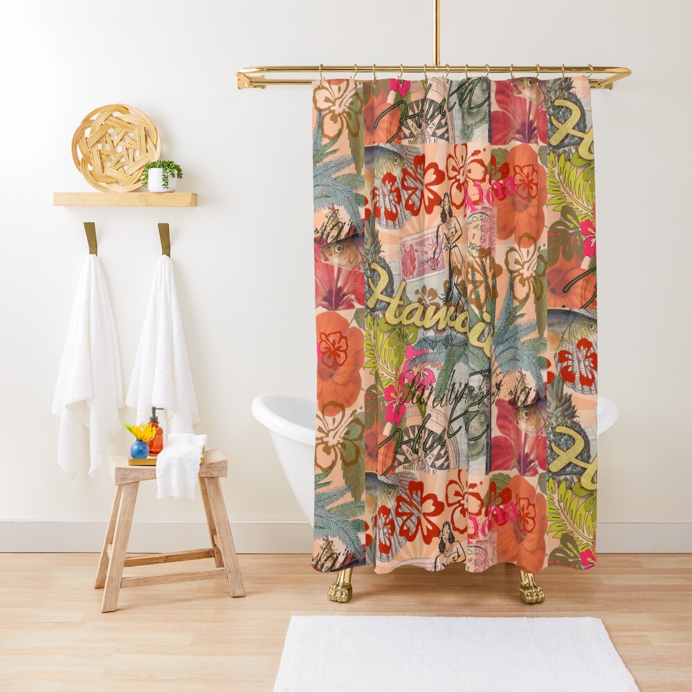 Vintage Hawaii Travel Colorful Hawaiian Tropical Collage Shower Curtain