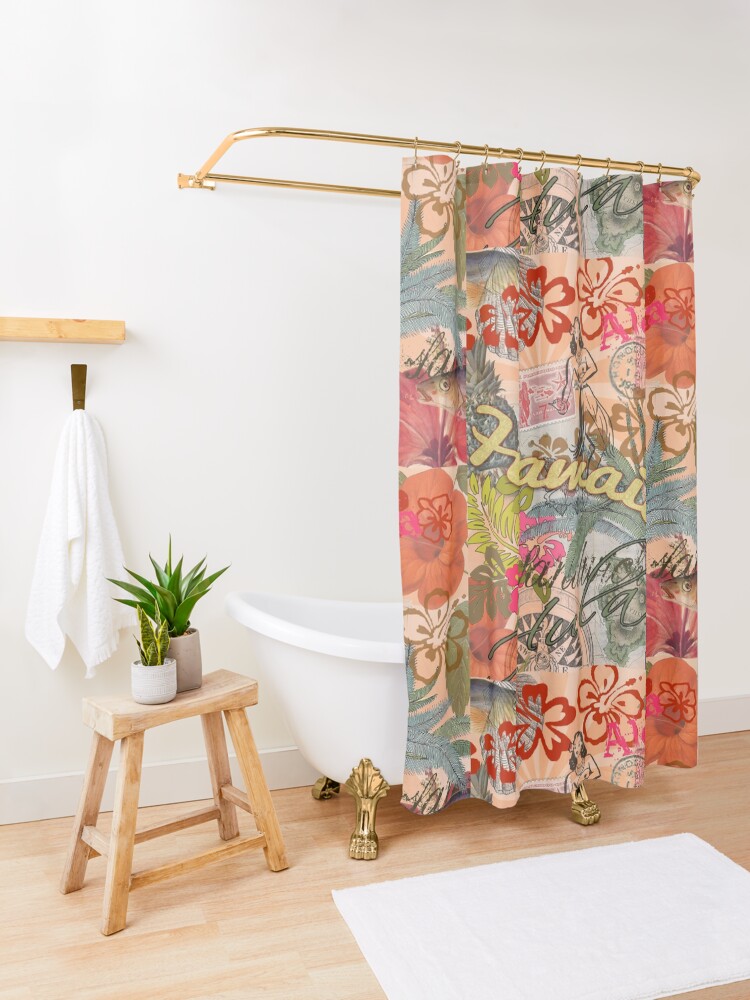 Alternate view of Vintage Hawaii Travel Colorful Hawaiian Tropical Collage Shower Curtain