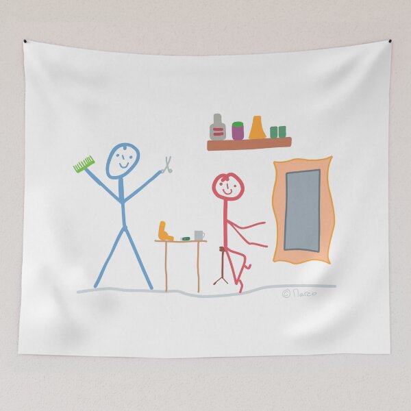 Item preview, Barber man woman stroking woman Creative stick figure hair hairstyle blow dry head funny fun designed and sold by KlareLinie.