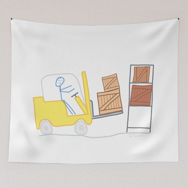 Item preview, Forklift man woman stick figure logistics warehouse goods work job package shipping crate designed and sold by KlareLinie.