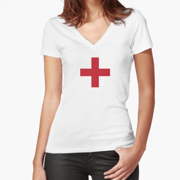 Crosses | Criss Cross | Swiss Cross | Hygge | Scandi | Plus Sign | Red and White | Fitted V-Neck T-Shirt