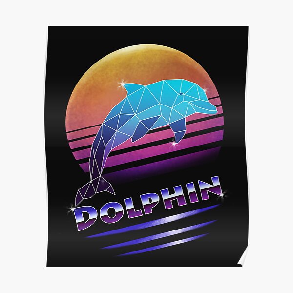 Groovy poster 70s style with sun and dolphins. Retro print. Vector