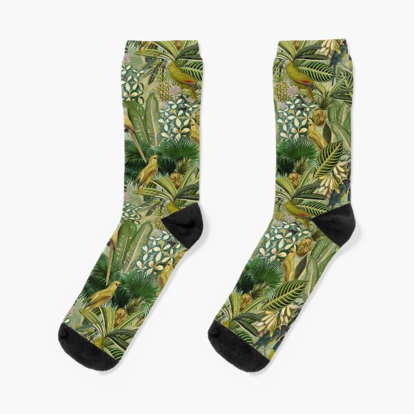 Vintage Green Tropical Bird Jungle Garden Socks