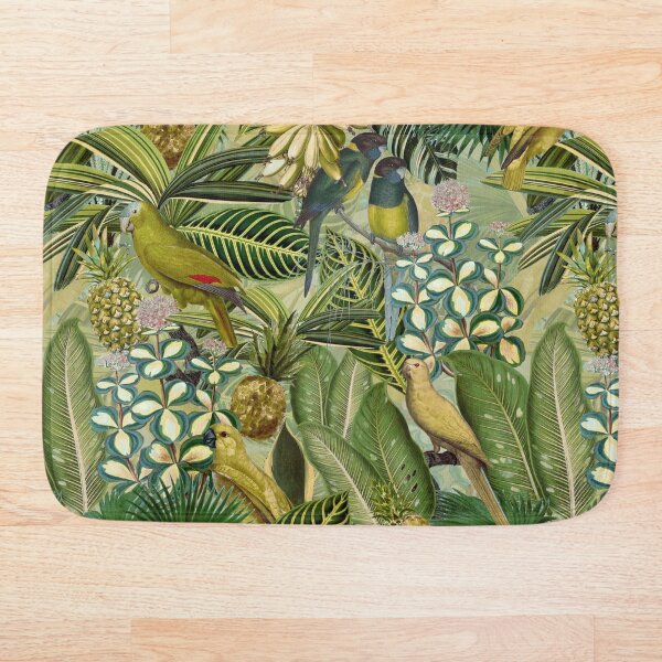 Vintage Green Tropical Bird Jungle Garden Bath Mat