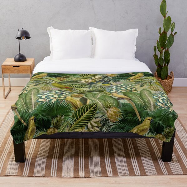 Vintage Green Tropical Bird Jungle Garden Throw Blanket