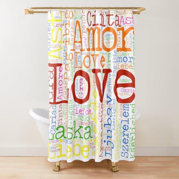 rainbow colorful word love in different language word cloud Shower Curtain