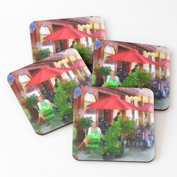 Item preview, Hoboken NJ - Outdoor Cafe With Red Umbrellas designed and sold by Susan Savad.