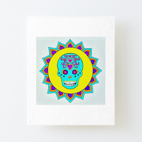Skull Art Yellow Turquoise Purple Canvas Mounted Print