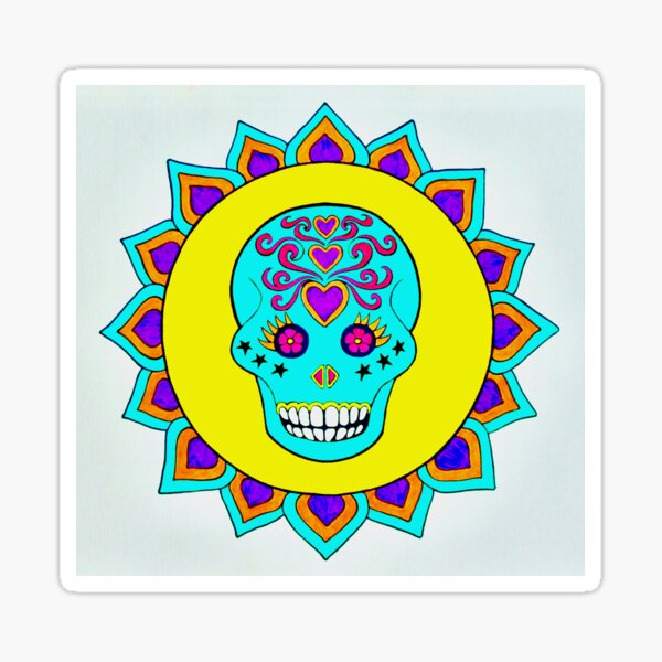 Skull Art Yellow Turquoise Purple Sticker