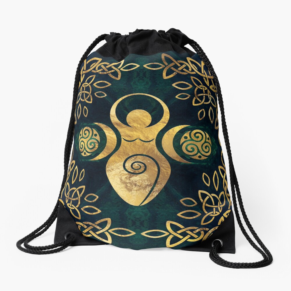 Triple Goddess with triskele - gold on shimmer green Drawstring Bag