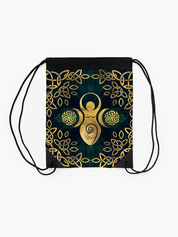 Alternate view of Triple Goddess with triskele - gold on shimmer green Drawstring Bag