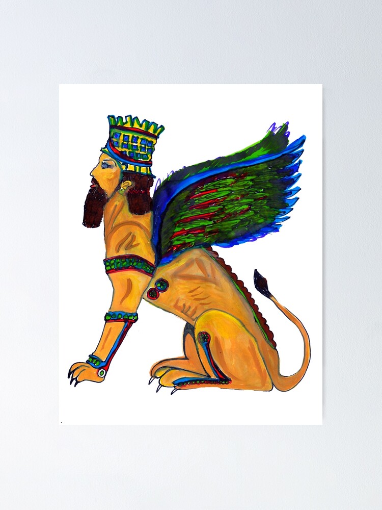 Póster «simbolismo lamassu | Imperio asirio Leones alados con cabeza humana  | mitológico león rey dios pintura de acuarela | rey leon | Mitológico  griego» de kartickdutta101 | Redbubble