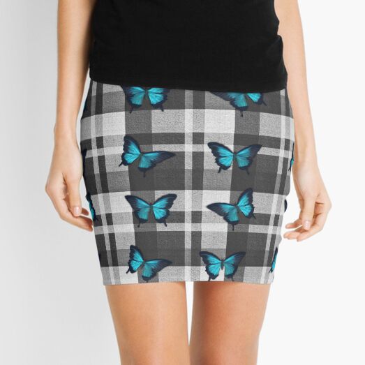 Blue Butterflies and Gray Plaid Mini Skirt