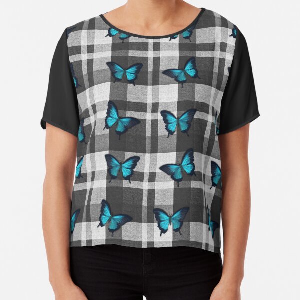 Blue Butterflies and Gray Plaid Chiffon Top