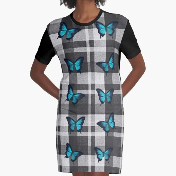 Blue Butterflies and Gray Plaid  Graphic T-Shirt Dress