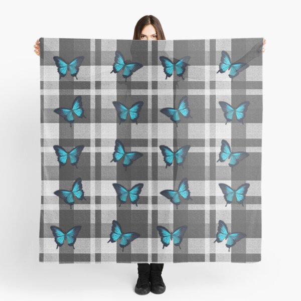 Blue Butterflies and Gray Plaid Scarf