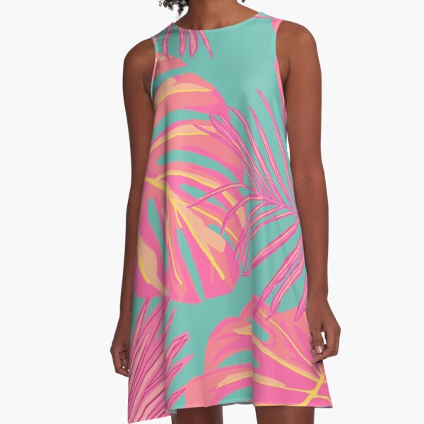Vista previa del artículo con la obra «Hojas tropicales en rosa y turquesa», diseñado y vendido por OneThreeSix.
