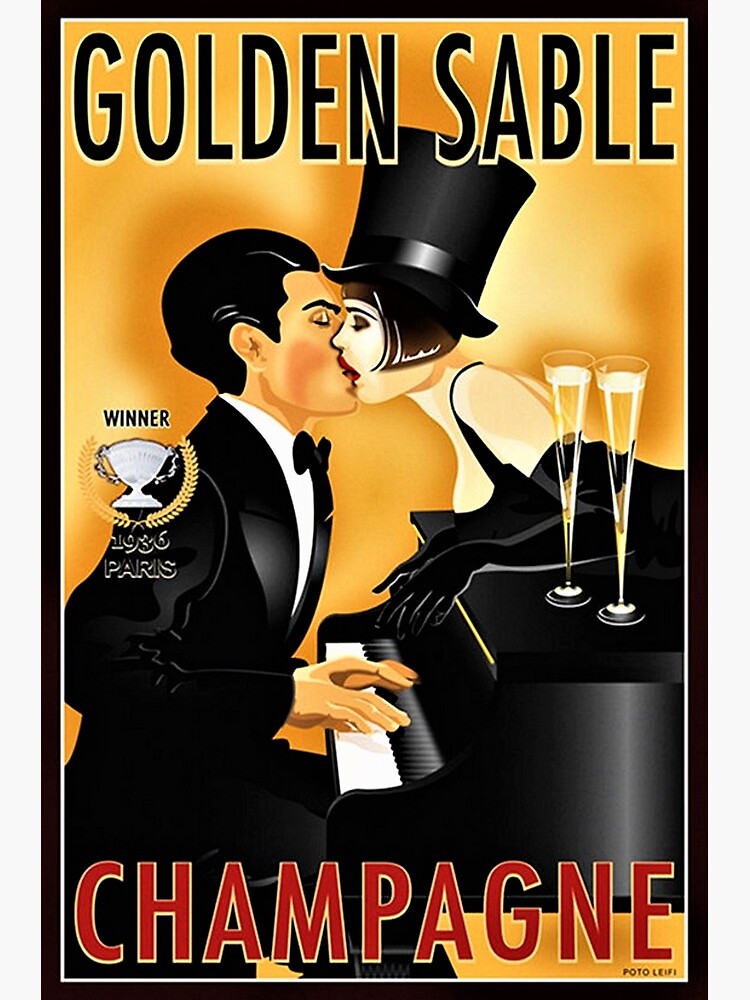 Vintage Golden Sable Champagne Man and Woman Kissing Lithograph by jferro67