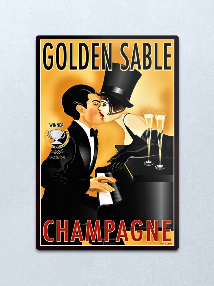 Alternate view of Vintage Golden Sable Champagne Man and Woman Kissing Lithograph Metal Print