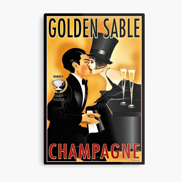 Vintage Golden Sable Champagne Man and Woman Kissing Lithograph Metal Print