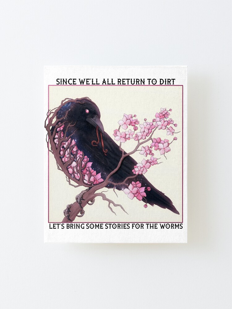 Alternate view of Cherry Blossom Crow with text Mounted Print