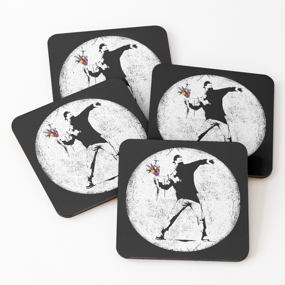Banksy Protester Throwing Flowers Coasters (Set of 4)