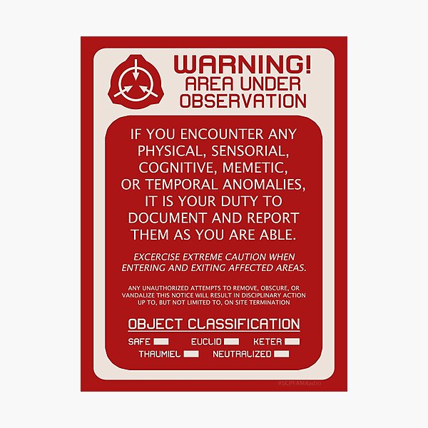 SCP Foundation Red WARNING Signage - Red Background Photographic Print