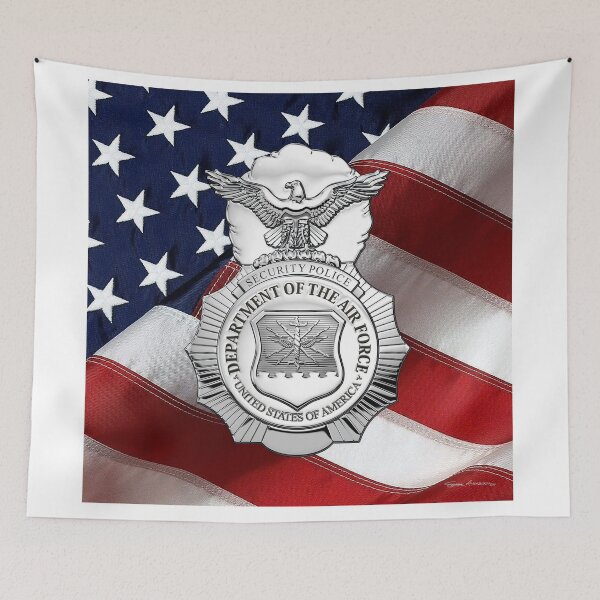 Item preview, U.S. Air Force Security Forces - SECFOR Badge over American Flag designed and sold by Serge Averbukh Art Studio.