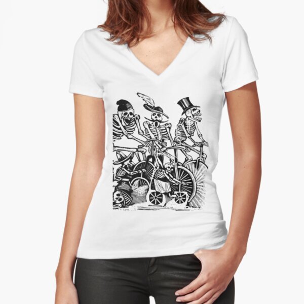 Calavera Cyclists | Day of the Dead | Dia de los Muertos | Skulls and Skeletons | Vintage Skeletons | Black and White | Fitted V-Neck T-Shirt