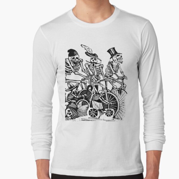 Calavera Cyclists | Day of the Dead | Dia de los Muertos | Skulls and Skeletons | Vintage Skeletons | Black and White | Long Sleeve T-Shirt