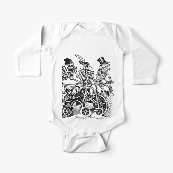 Calavera Cyclists | Day of the Dead | Dia de los Muertos | Skulls and Skeletons | Vintage Skeletons | Black and White | Long Sleeve Baby One-Piece
