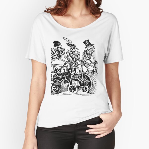Calavera Cyclists | Day of the Dead | Dia de los Muertos | Skulls and Skeletons | Vintage Skeletons | Black and White | Relaxed Fit T-Shirt