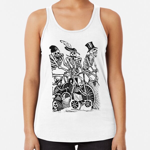 Calavera Cyclists | Day of the Dead | Dia de los Muertos | Skulls and Skeletons | Vintage Skeletons | Black and White | Racerback Tank Top