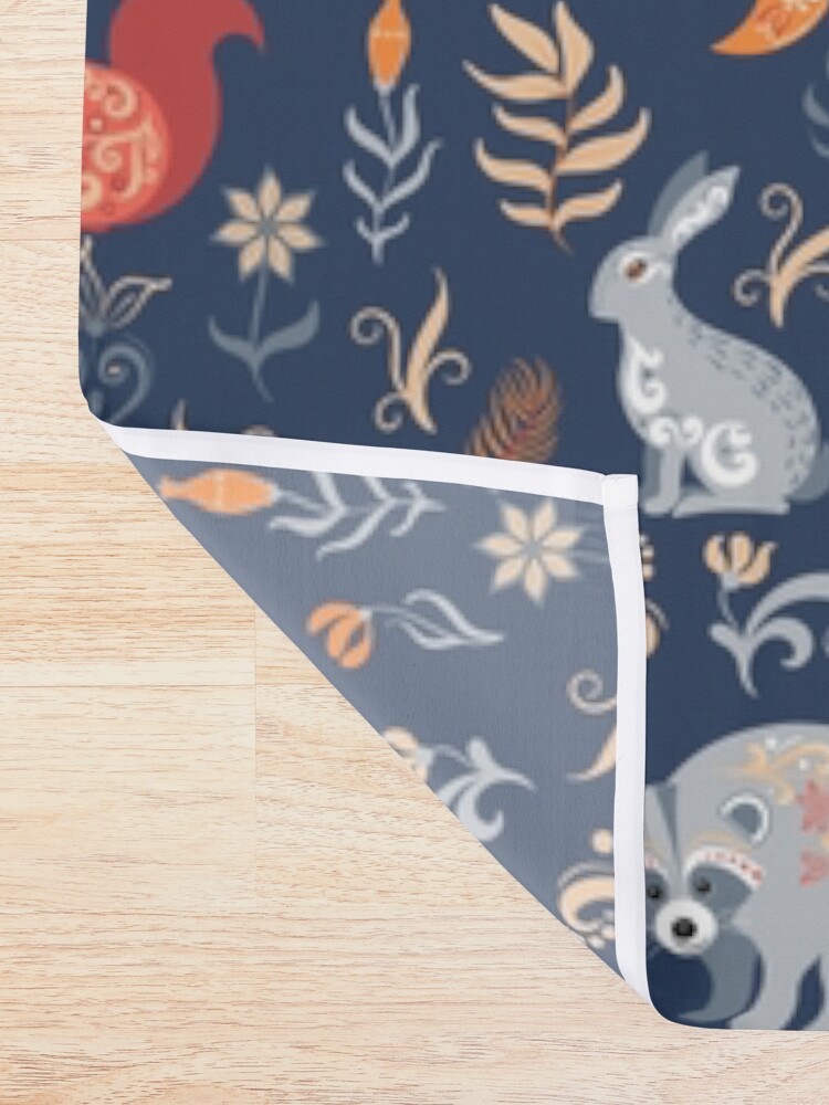 Alternate view of Fairy-tale forest. Fox, bear, raccoon, owls, rabbits, flowers and herbs on a blue background. Shower Curtain