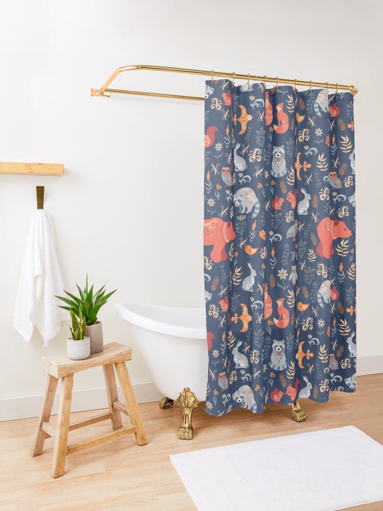 Alternate view of Fairy-tale forest. Fox, bear, raccoon, owls, rabbits, flowers and herbs on a blue background. Shower Curtain