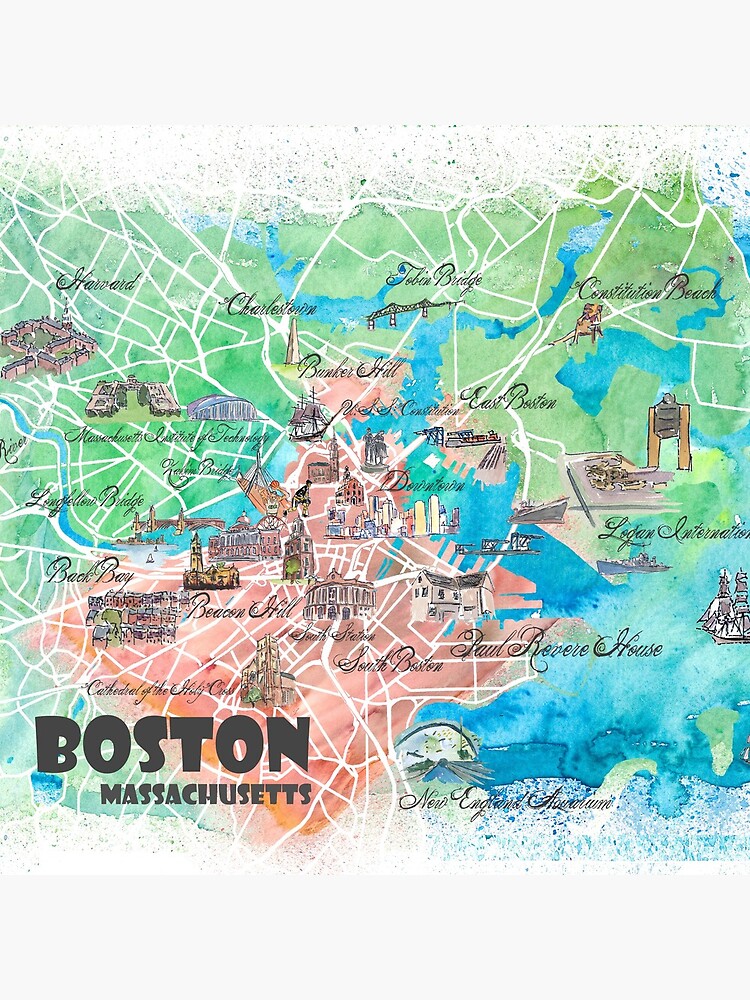 Boston Massachusetts Usa Illustrated Map With Main Roads Landmarks And Highlights Coasters 