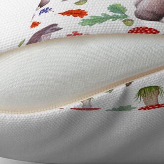 Thumbnail 2 of 3, Throw Pillow, Rabbit, hedgehog and Robin with red mushrooms, Autumn leaves and berries designed and sold by MagentaRose.