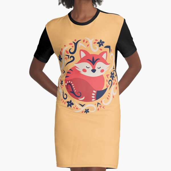 Cute Sleeping Fox Folk Art Design Graphic T-Shirt Dress